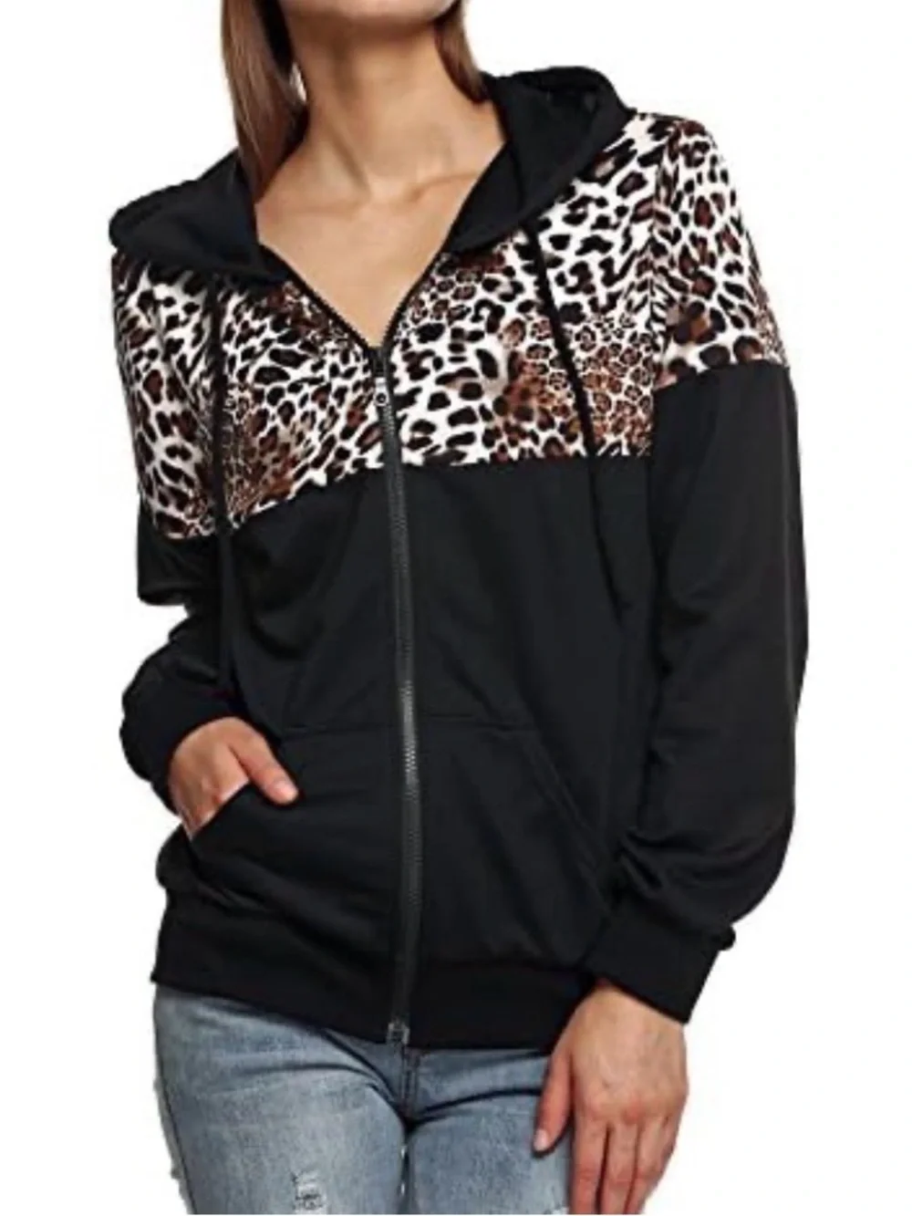Women’s Black Zip-Up Hoodie with Leopard Print Accent - Picture 2 of 6